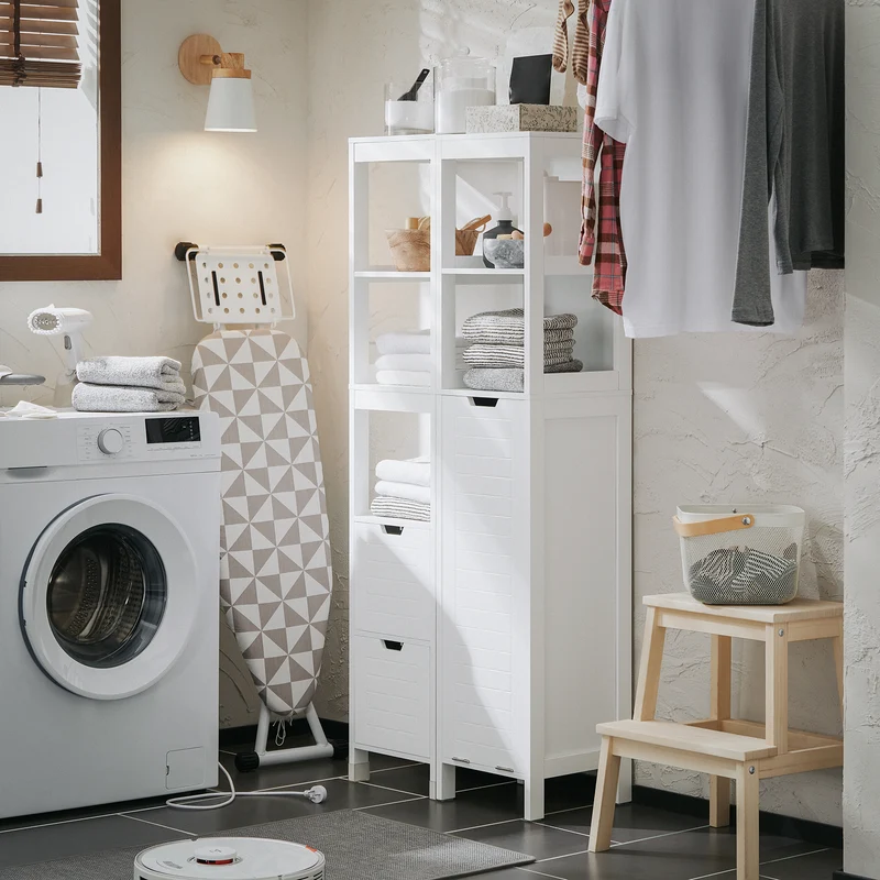 SoBuy BZR123-W Mueble Columna de Baño con 1 Cesto para Ropa Sucia y 2 Estantes