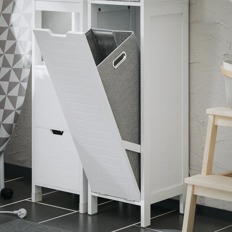 SoBuy BZR123-W Mueble Columna de Baño con 1 Cesto para Ropa Sucia y 2 Estantes