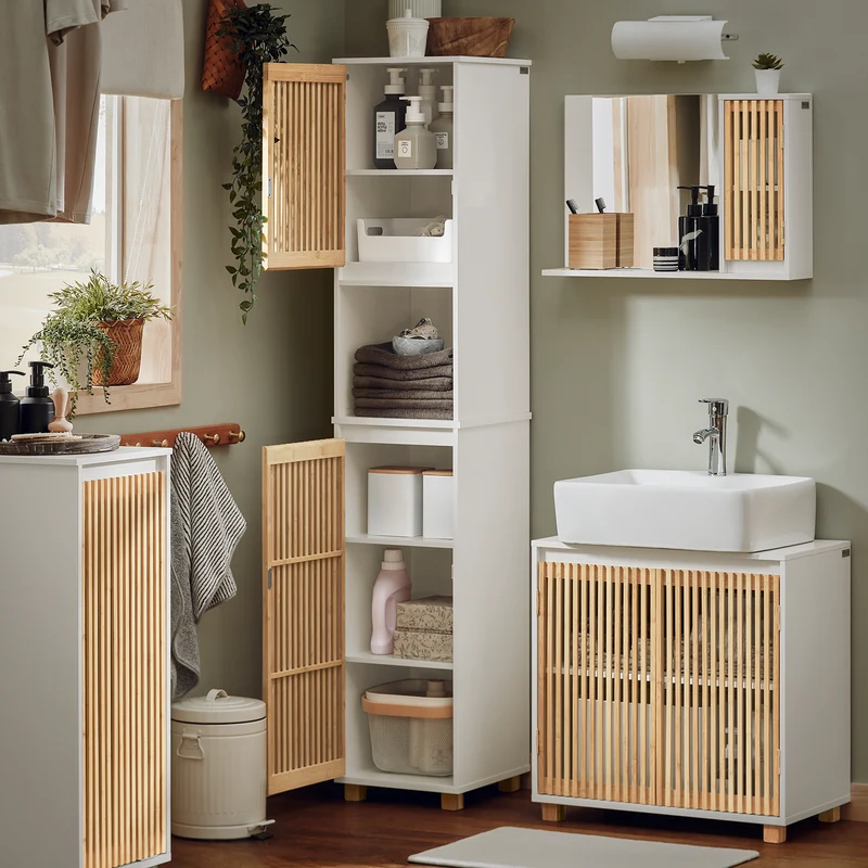 SoBuy BZR127-W Mueble Columna de Baño con 1 Compartimiento 2 Puertas