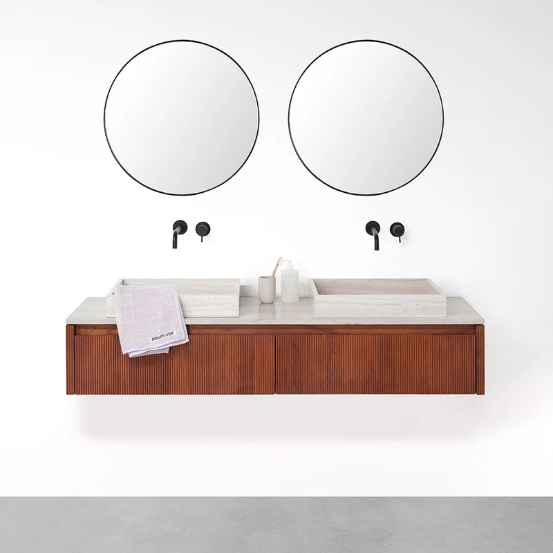 Mueble de baño Nogal - Ahun - Mármol Beige Marcel/George - 150 cm