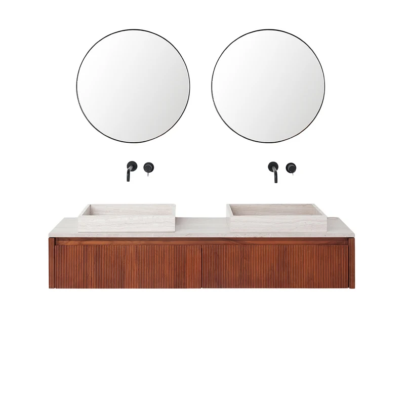 Mueble de baño Nogal - Ahun - Mármol Beige Marcel/George - 150 cm