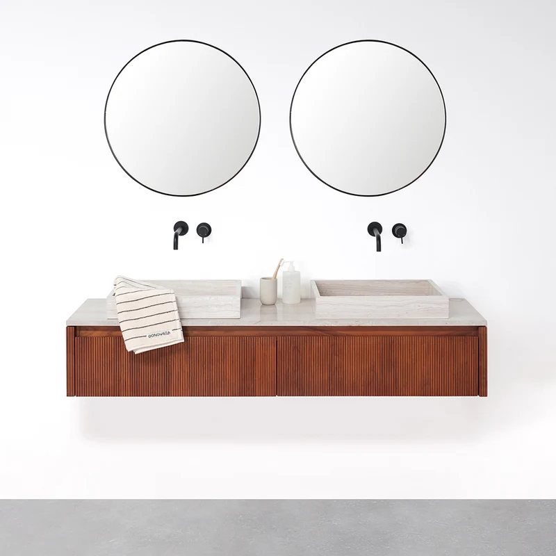 Mueble de baño Nogal - Ahun - Mármol Beige Marcel/George - 150 cm