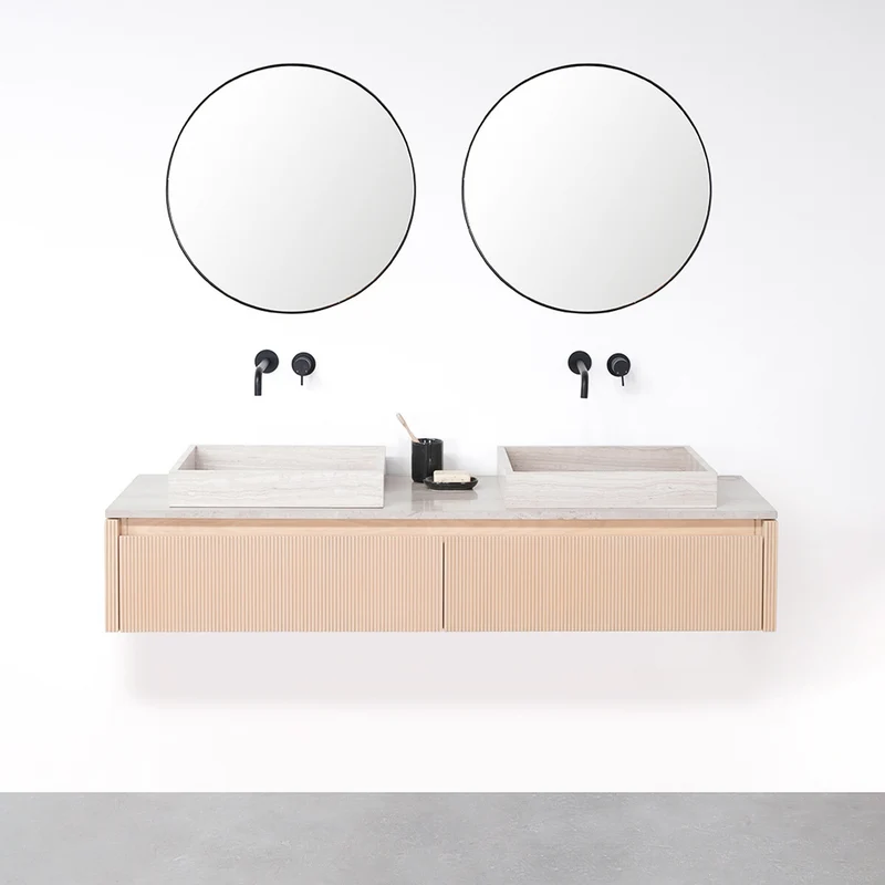 Armario de baño Roble - Ahun - Lavabo Mármol Beige - Encimera Mármol Beige - 150 cm