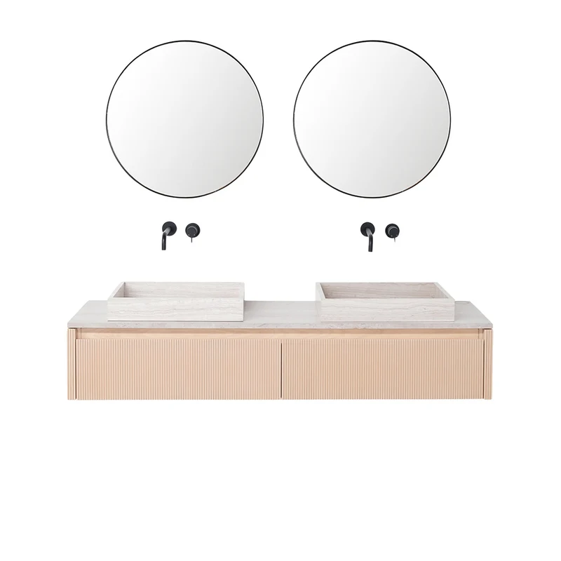 Armario de baño Roble - Ahun - Lavabo Mármol Beige - Encimera Mármol Beige - 150 cm