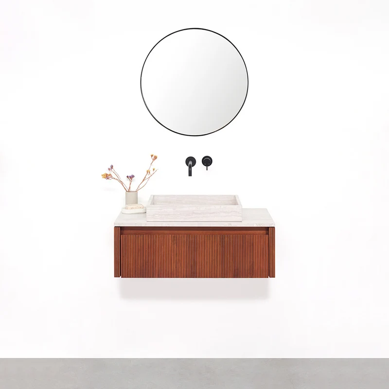 Mueble de baño Nogal - Ahun - George Beige Marble - Placa superior Marcel Mármol beige - 80 cm