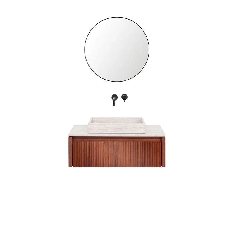 Mueble de baño Nogal - Ahun - George Beige Marble - Placa superior Marcel Mármol beige - 80 cm