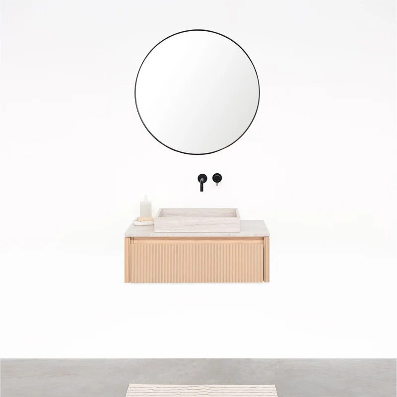 Mueble de baño Roble - Ahun - George Mármol Beige - Placa superior Marcel Mármol Beige - 80 cm