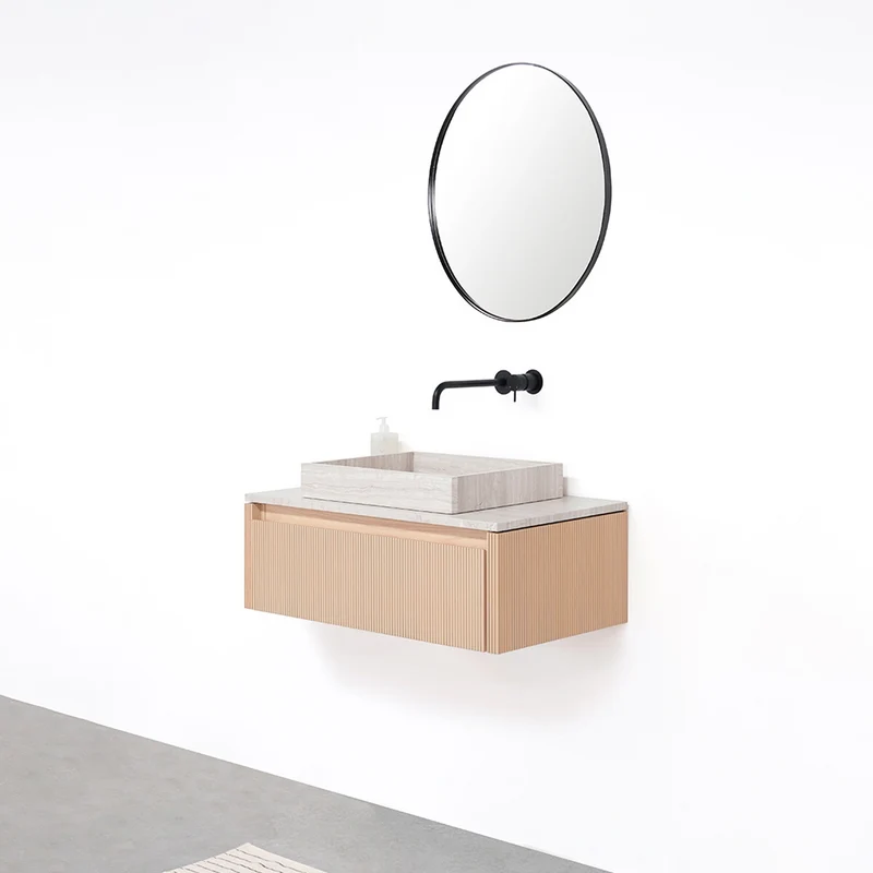 Mueble de baño Roble - Ahun - George Mármol Beige - Placa superior Marcel Mármol Beige - 80 cm