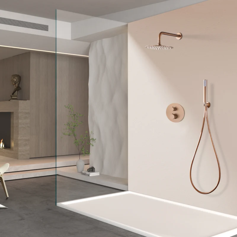 Conjunto Ducha Termostático Empotrado Oro Rosa Cepillado Line - Imex