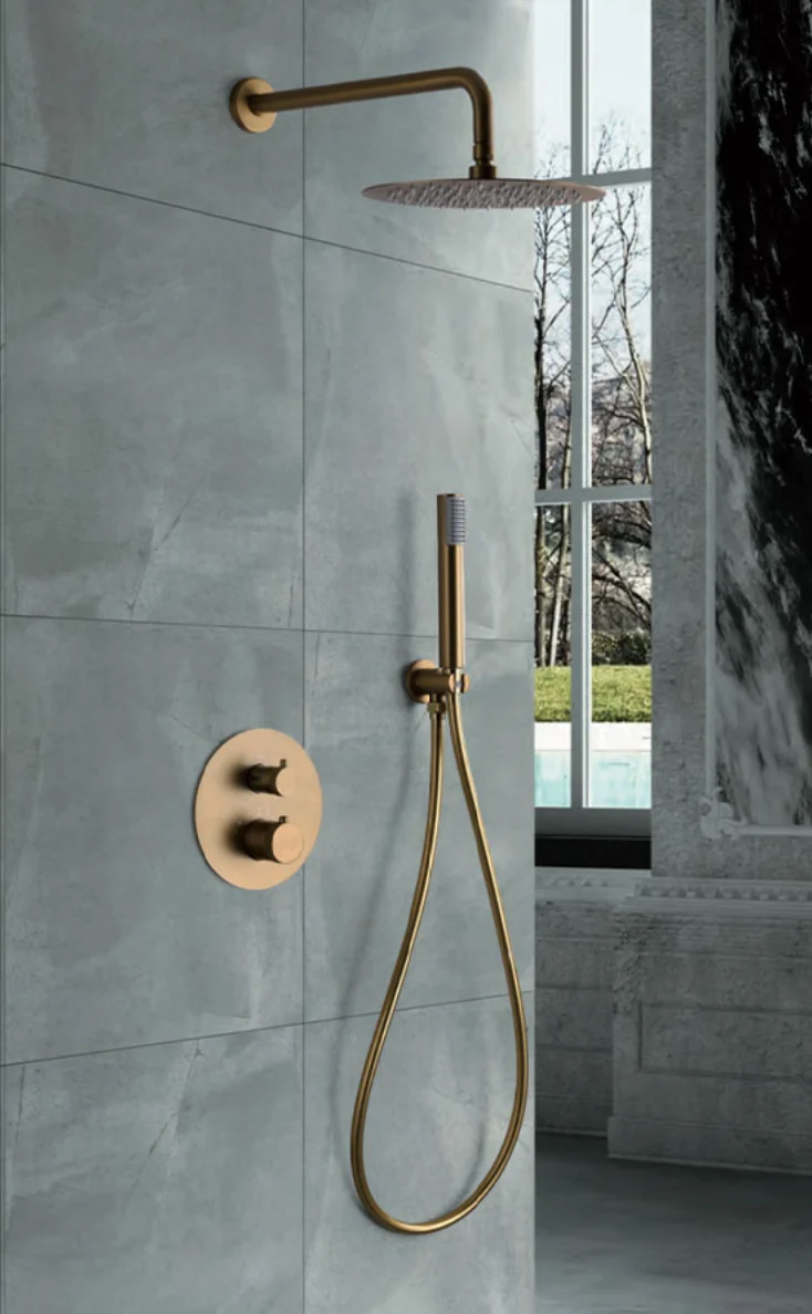 Conjunto Ducha Termostático Empotrado Oro Cepillado Line - Imex