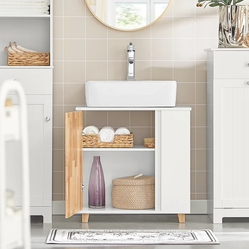 SoBuy BZR75-W Mueble para Debajo del Lavabo con 2 Estantes y 1 Puerta Blanco y Madera