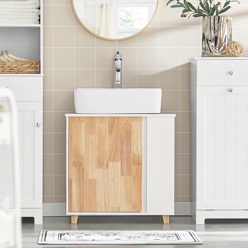 SoBuy BZR75-W Mueble para Debajo del Lavabo con 2 Estantes y 1 Puerta Blanco y Madera