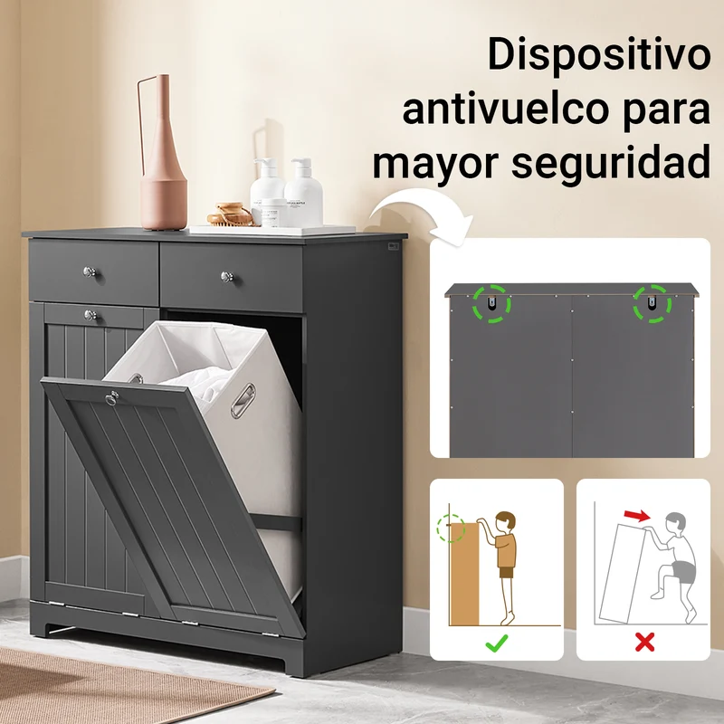 SoBuy BZR33-II-DG Armario baño Cesto para Ropa Sucia con 2 Cestos y 2 Cajones Gris