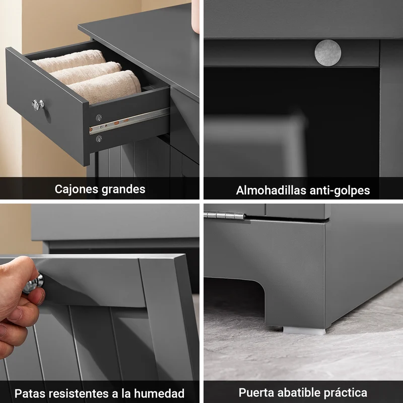 SoBuy BZR33-II-DG Armario baño Cesto para Ropa Sucia con 2 Cestos y 2 Cajones Gris