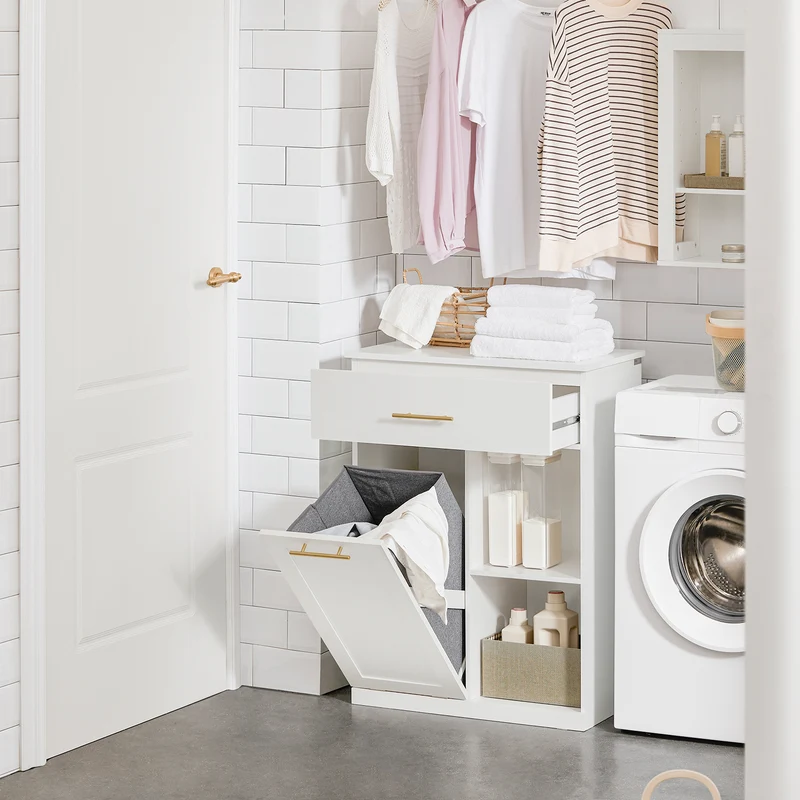 SoBuy BZR66-W Armario de Baño con 1 Cesto para Colada y 1 Cajón