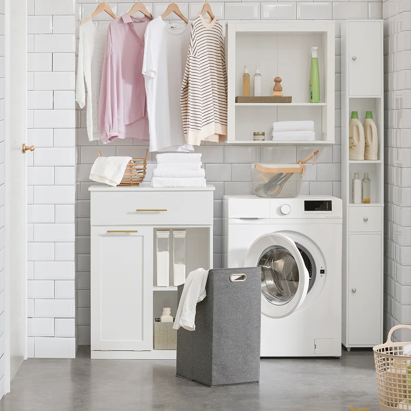 SoBuy BZR66-W Armario de Baño con 1 Cesto para Colada y 1 Cajón