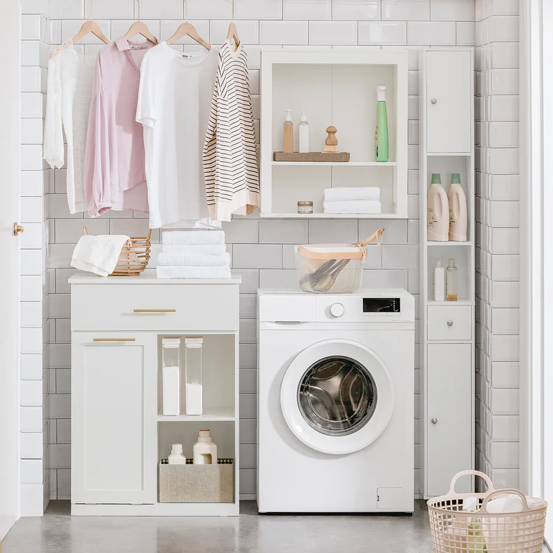 SoBuy BZR66-W Armario de Baño con 1 Cesto para Colada y 1 Cajón