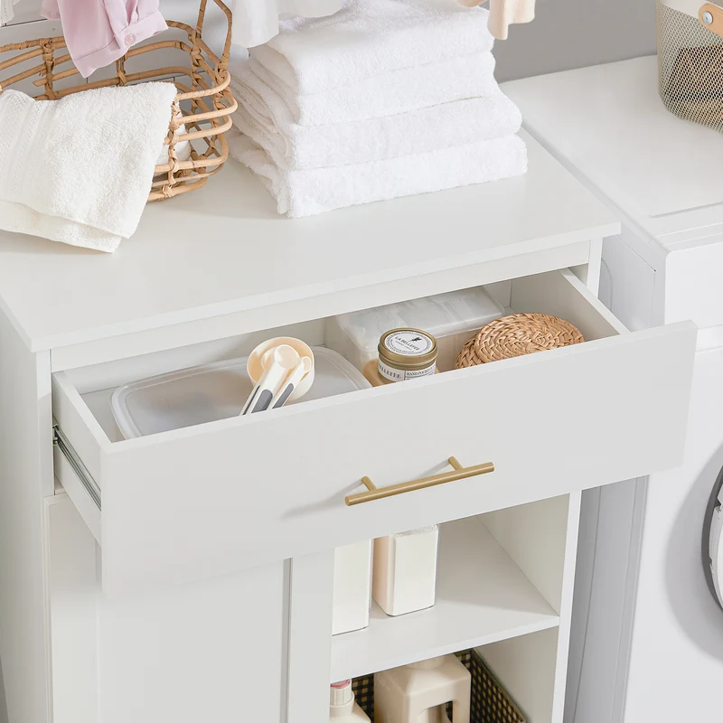 SoBuy BZR66-W Armario de Baño con 1 Cesto para Colada y 1 Cajón