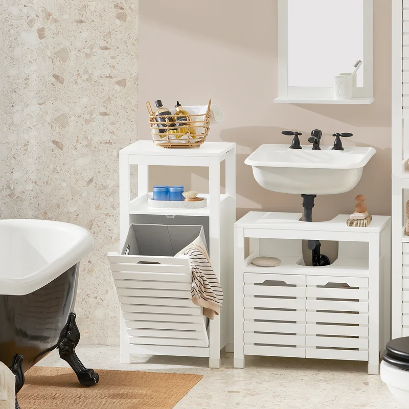 SoBuy BZR67-W Armario para baño con un cesto para Ropa Sucia