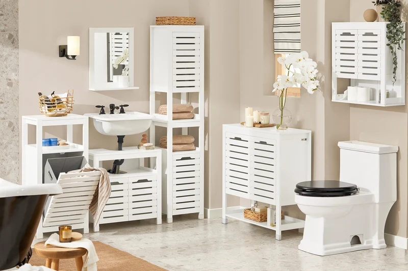 SoBuy BZR67-W Armario para baño con un cesto para Ropa Sucia