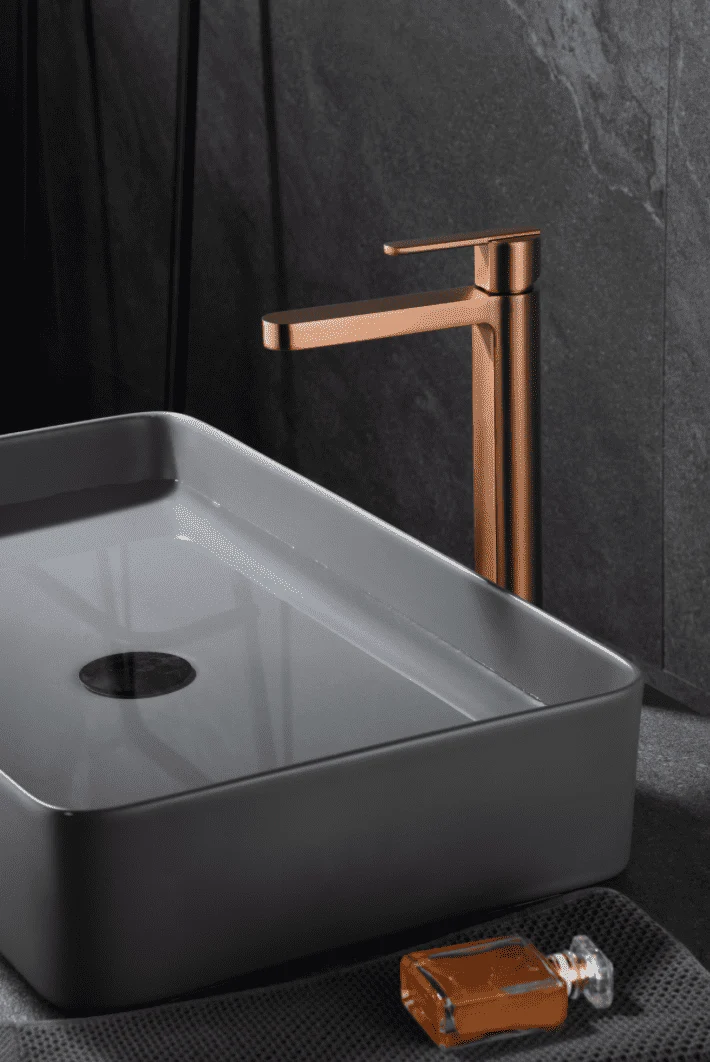 Grifería Monomando Lavabo Caño Alto Roma Oro Rosa Cepillado - Imex