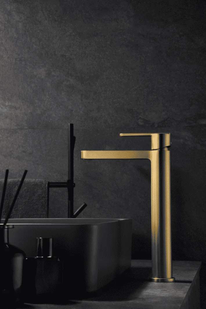 Grifería Monomando Lavabo Caño Alto Roma Oro Cepillado - Imex
