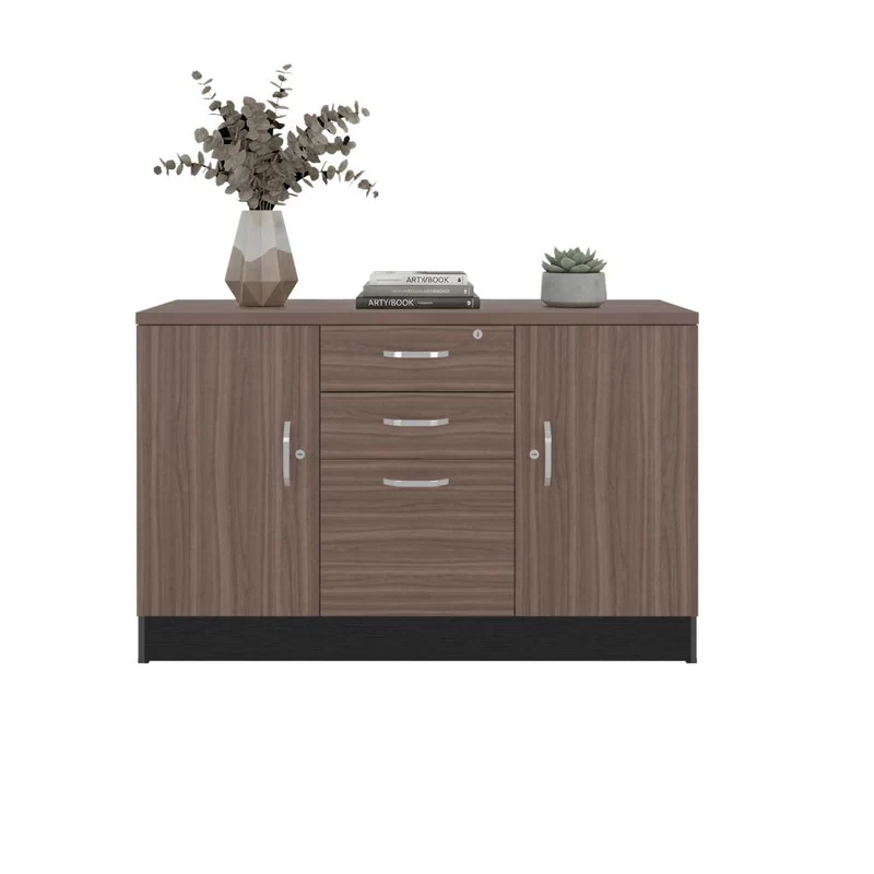 Mesa Auxiliar Nakarat, Avellana y Wengue, con Tres Puertas Espacios para Colocar y Almacenar Objetos