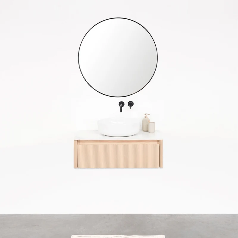 Mobiliario de baño Roble - Ahun - Lavabo de porcelana Alexis II - Encimera Marcel cerámica blanca - 80 cm
