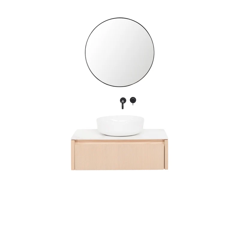 Mobiliario de baño Roble - Ahun - Lavabo de porcelana Alexis II - Encimera Marcel cerámica blanca - 80 cm
