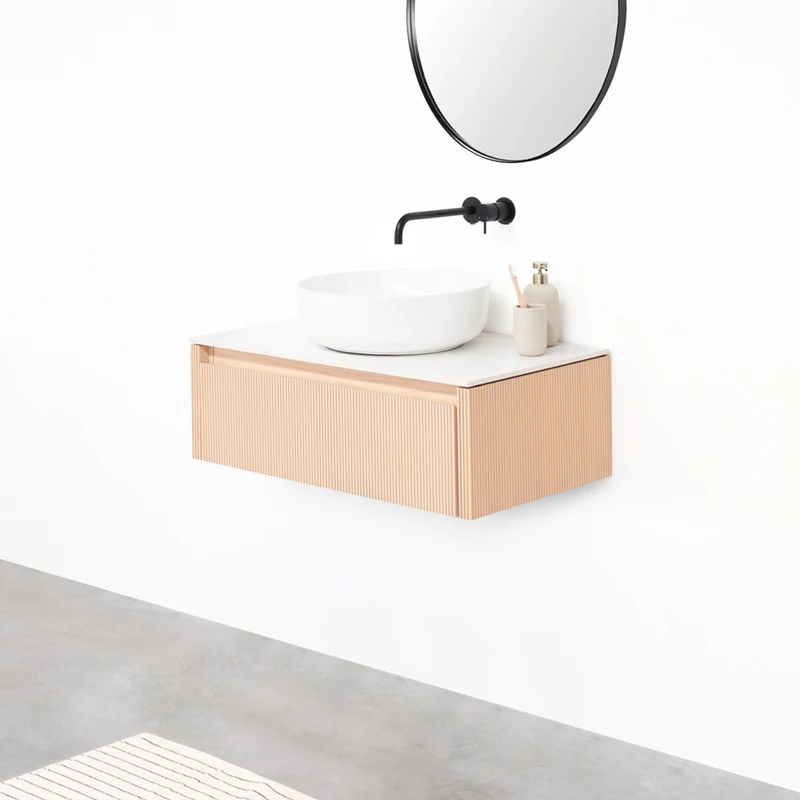 Mobiliario de baño Roble - Ahun - Lavabo de porcelana Alexis II - Encimera Marcel cerámica blanca - 80 cm