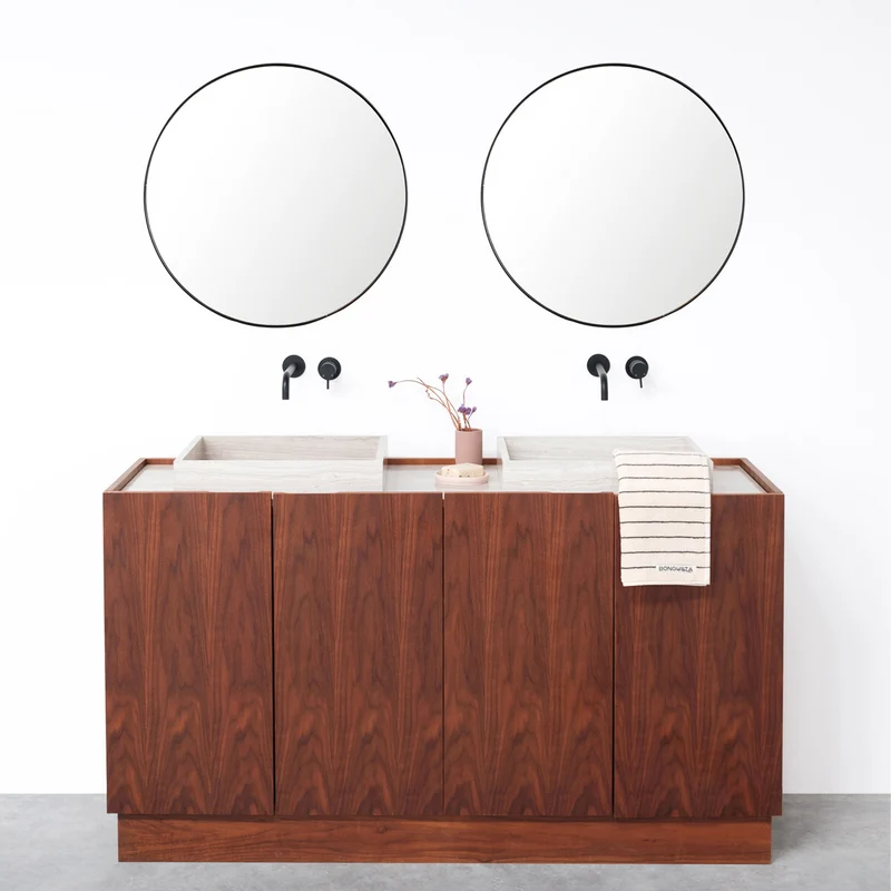 Mueble de baño Nogal - Mármol beige - Lavabo George - (154cm) - Felix