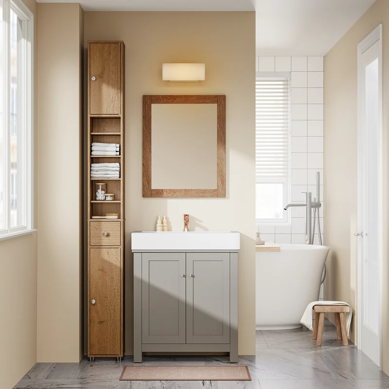 SoBuy BZR34-II-PF Mueble Columna de Baño con 5 Estantes Abiertos 2 Puertas y 1 Cajón Marrón