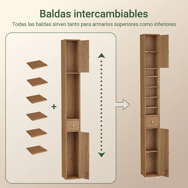 SoBuy BZR34-II-PF Mueble Columna de Baño con 5 Estantes Abiertos 2 Puertas y 1 Cajón Marrón