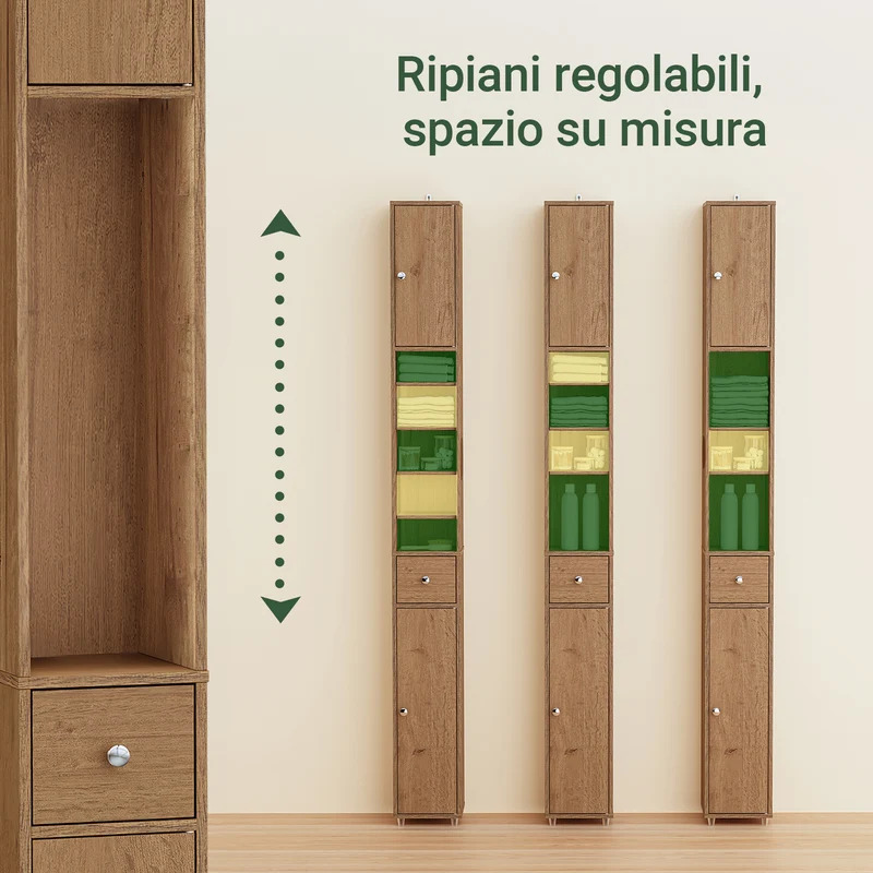 SoBuy BZR34-II-PF Mueble Columna de Baño con 5 Estantes Abiertos 2 Puertas y 1 Cajón Marrón