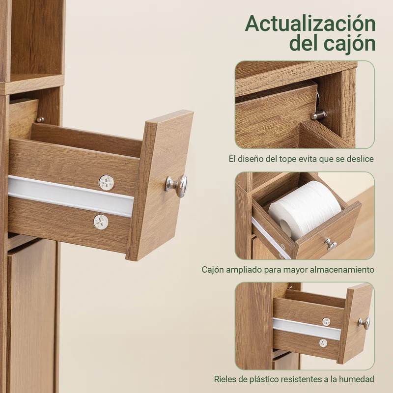 SoBuy BZR34-II-PF Mueble Columna de Baño con 5 Estantes Abiertos 2 Puertas y 1 Cajón Marrón