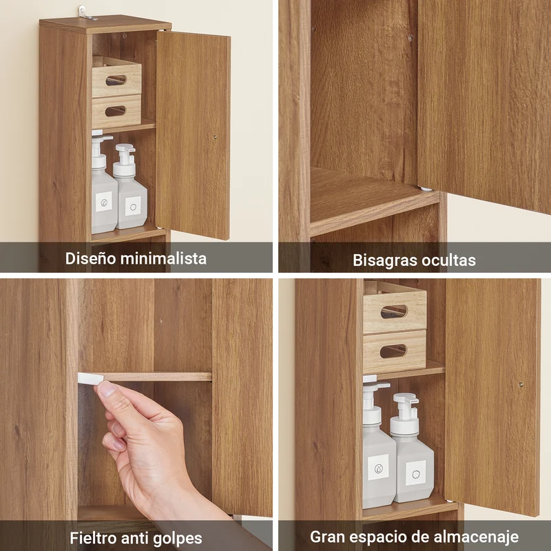 SoBuy BZR34-II-PF Mueble Columna de Baño con 5 Estantes Abiertos 2 Puertas y 1 Cajón Marrón