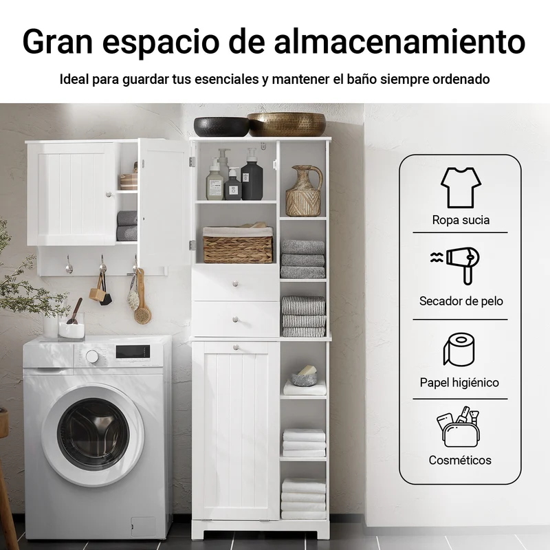 SoBuy BZR104-W Armario Alto de Baño con Estantes y Cesto para Ropa Sucia Blanco