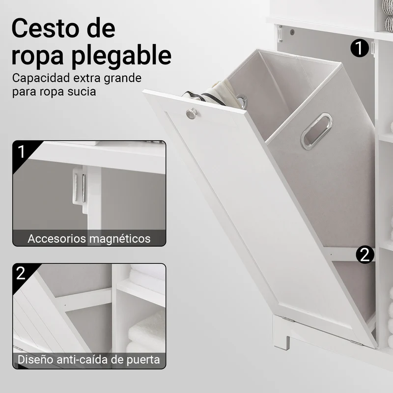 SoBuy BZR104-W Armario Alto de Baño con Estantes y Cesto para Ropa Sucia Blanco
