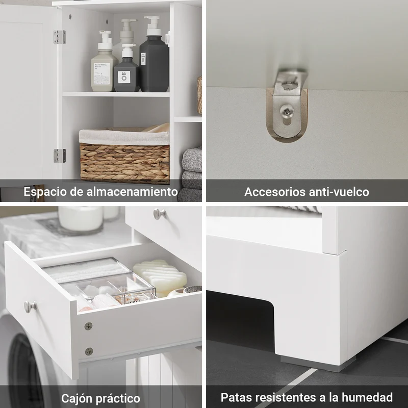 SoBuy BZR104-W Armario Alto de Baño con Estantes y Cesto para Ropa Sucia Blanco