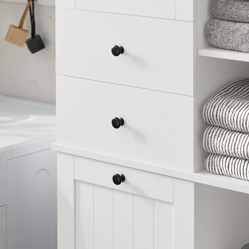 SoBuy BZR104-W Armario Alto de Baño con Estantes y Cesto para Ropa Sucia Blanco