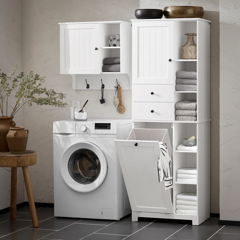 SoBuy BZR104-W Armario Alto de Baño con Estantes y Cesto para Ropa Sucia Blanco
