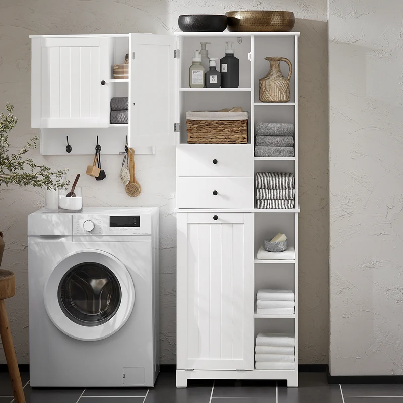 SoBuy BZR104-W Armario Alto de Baño con Estantes y Cesto para Ropa Sucia Blanco
