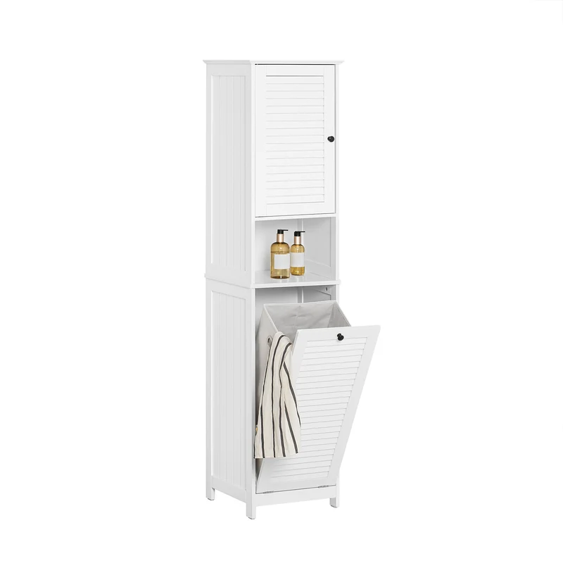 SoBuy BZR124-W Mueble Columna de Baño con 1 Cesto para Ropa Sucia Blanco