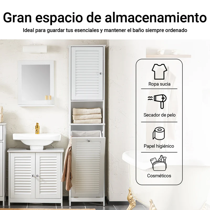 SoBuy BZR124-W Mueble Columna de Baño con 1 Cesto para Ropa Sucia Blanco