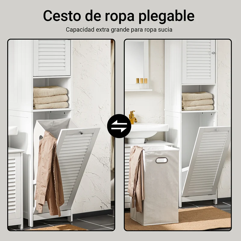 SoBuy BZR124-W Mueble Columna de Baño con 1 Cesto para Ropa Sucia Blanco