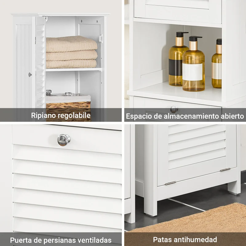 SoBuy BZR124-W Mueble Columna de Baño con 1 Cesto para Ropa Sucia Blanco