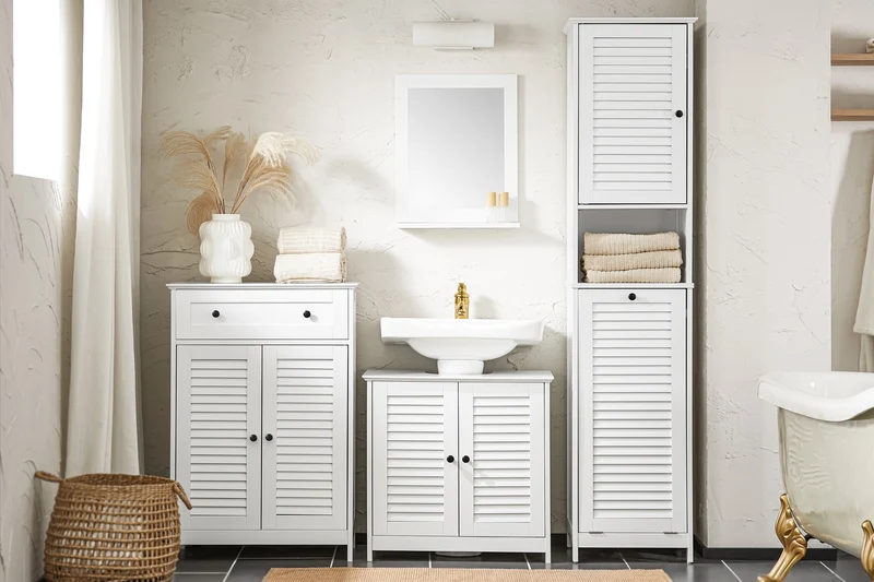 SoBuy BZR124-W Mueble Columna de Baño con 1 Cesto para Ropa Sucia Blanco