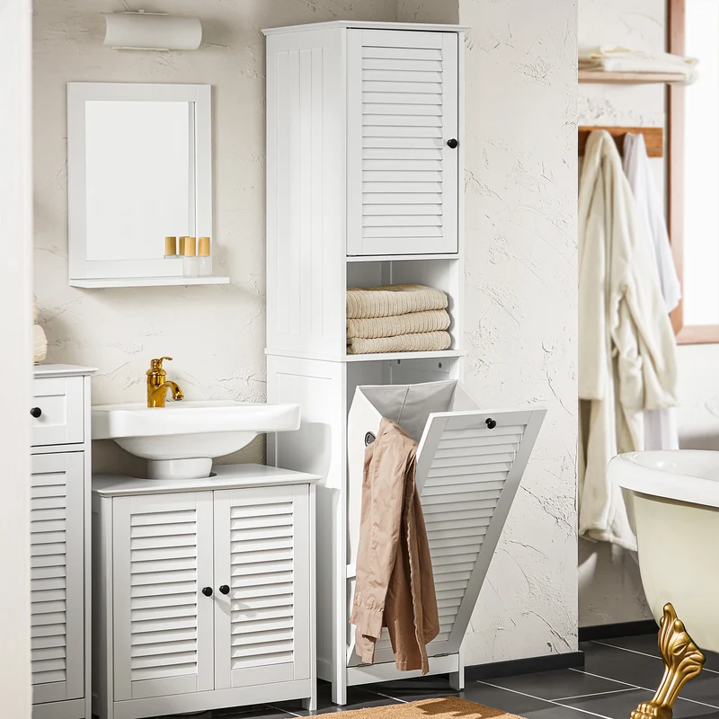 SoBuy BZR124-W Mueble Columna de Baño con 1 Cesto para Ropa Sucia Blanco