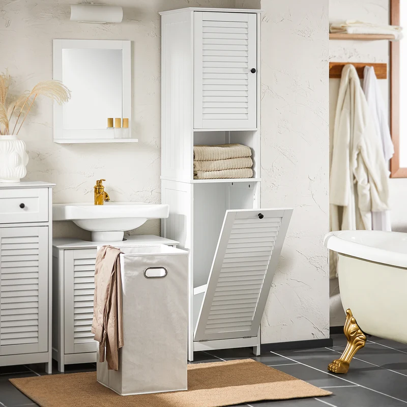 SoBuy BZR124-W Mueble Columna de Baño con 1 Cesto para Ropa Sucia Blanco