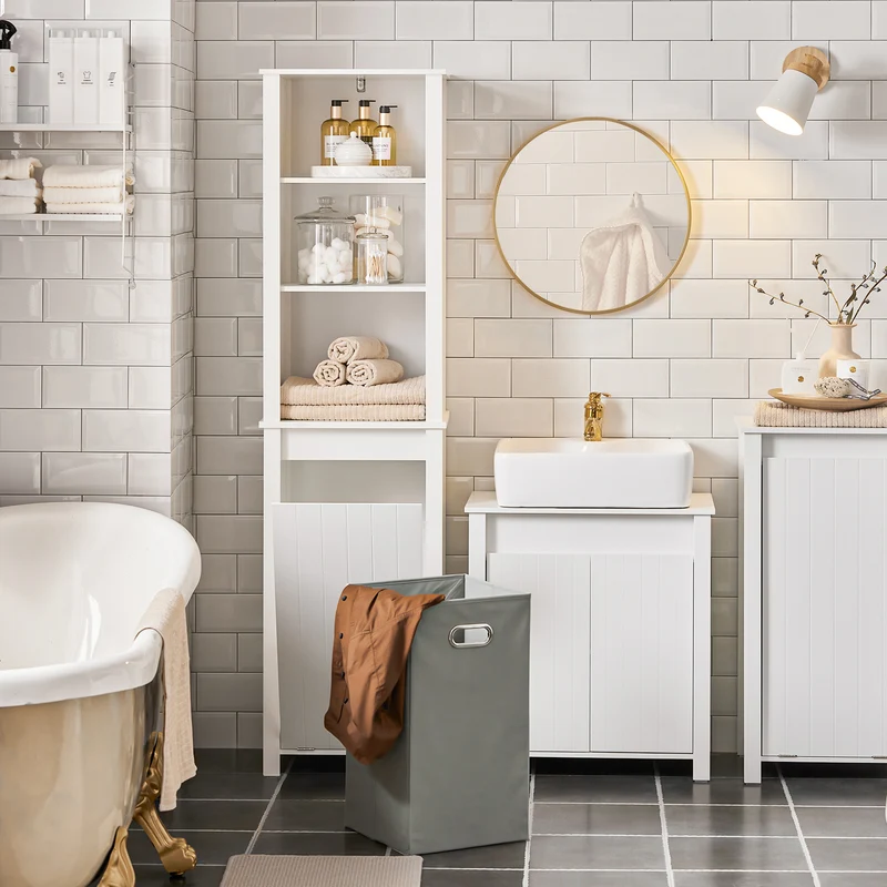 SoBuy BZR102-W Armario Alto de baño con 3 estantes y 1 cesto